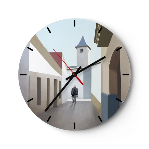 Nástenné hodiny - Postava na pozadí mestskej ulice v jasnom, geometrickom prostredí - 30x30cm - Slnečná prechádzka - Moderná nástenná dekorácia do obývacej izby, kuchyne a spálne ARTTOR