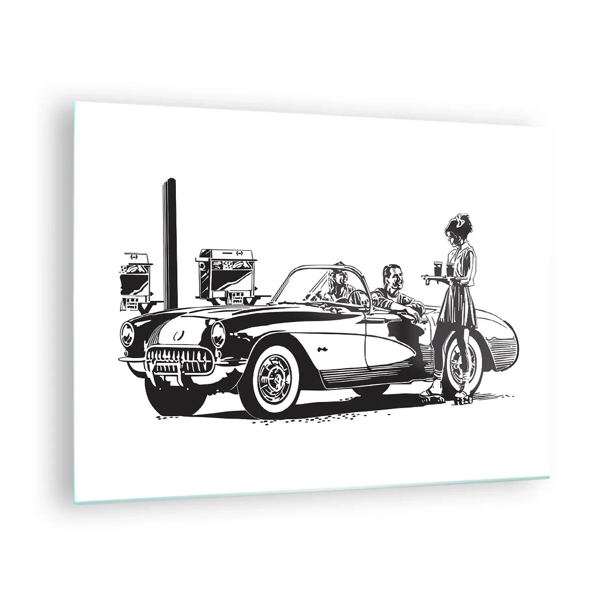 Obraz na skle - Kreatívna grafika s klasickým autom a postavami - 70x50cm - 60. - bezstarostná Amerika - Moderná nástenná dekorácia do obývacej izby a spálne ARTTOR