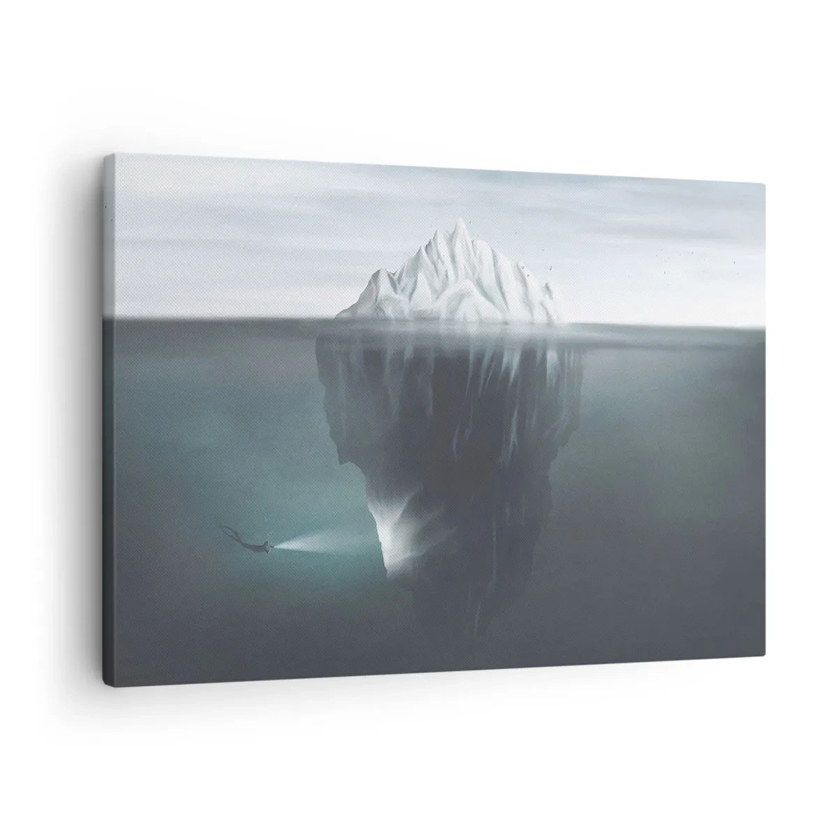 Obraz na plátne - Ľadovec vo vode s potápačom a svetlometom pod hladinou. - 70x50cm - Podvodné tajomstvo - Moderná nástenná dekorácia do obývacej izby a spálne ARTTOR