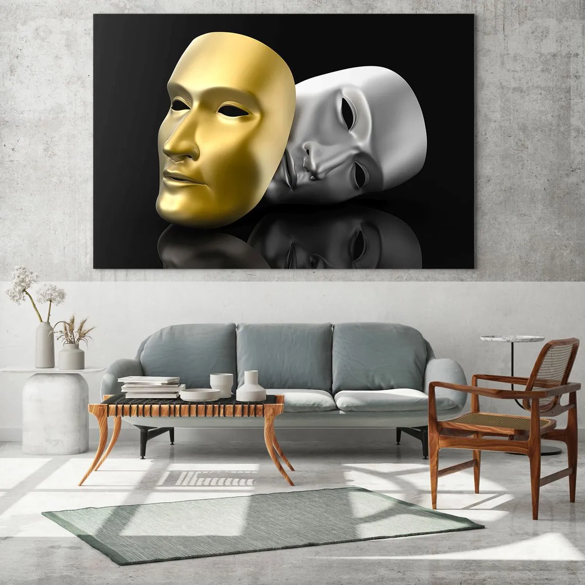 Obraz na skle - Zlatá a strieborná maska na čiernom pozadí - 70x50cm - Život je divadlo - Moderná nástenná dekorácia do obývacej izby a spálne ARTTOR