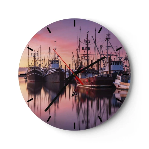 Nástenné hodiny - Rybárske lode kotviace v prístave pri západe slnka - 30x30cm - Pred ďalším dňom - Moderná nástenná dekorácia do obývacej izby, kuchyne a spálne ARTTOR