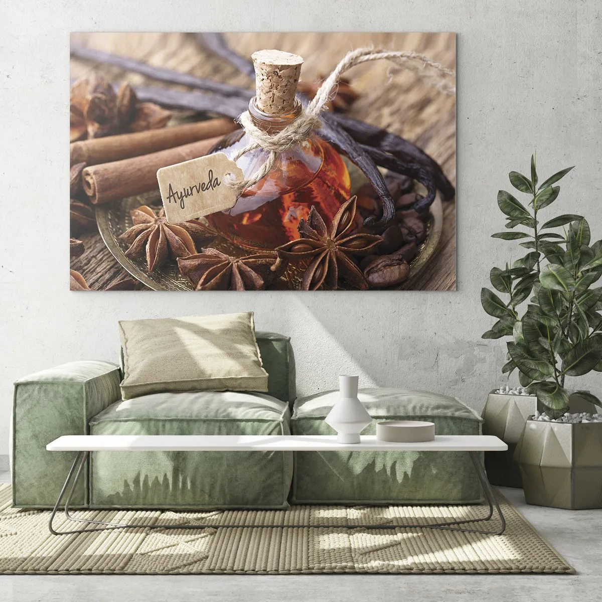 Obraz na skle - Fľaša na olej a korenie v ajurvédskom štýle - 70x50cm - K jednote tela a ducha - Moderná nástenná dekorácia do obývacej izby a spálne ARTTOR