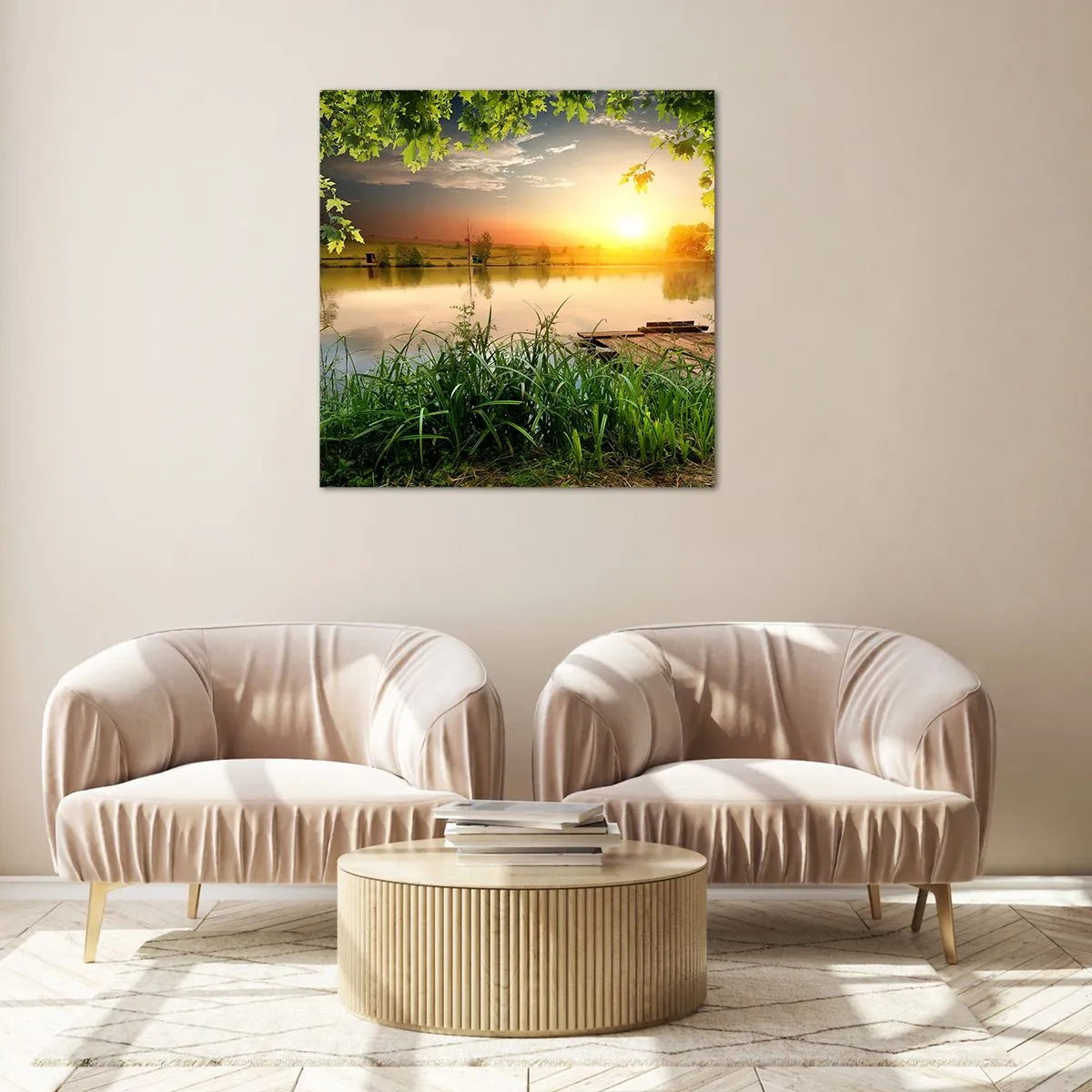 Obraz na skle - Krajina v zelenom ráme - 40x40 cm