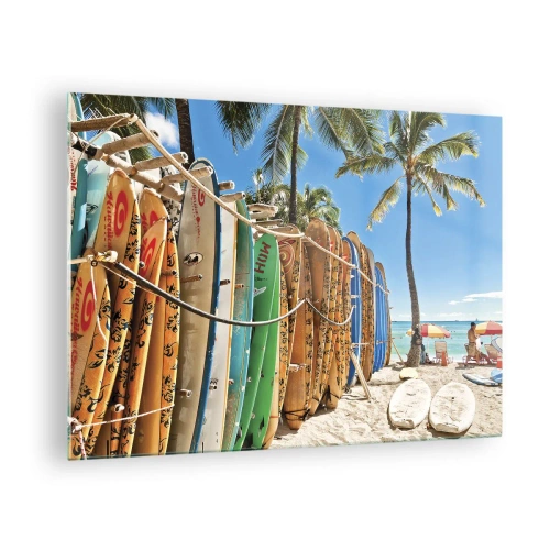 Obraz na skle - Farebné surfové dosky na tropickej pláži - 70x50cm - Slnečná zábava - Moderná nástenná dekorácia do obývacej izby a spálne ARTTOR