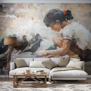 Fototapeta Standard Eco - Obrázok dievčatka kŕmiaceho vtáky - 100x70cm - Maličkí a najmilší - Moderná nástenná dekorácia do obývacej izby a spálne ARTTOR