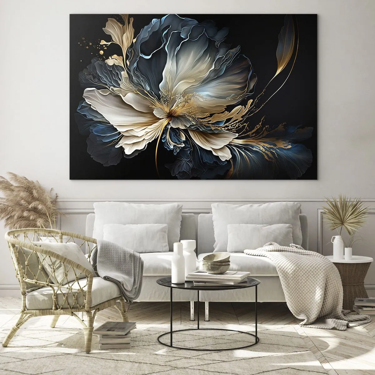Obraz na skle - Elegantný kvet v odtieňoch zlatej, tmavomodrej a béžovej na čiernej podkladovej ploche - 70x50cm - Rozprávkový kvet papradia - Moderná nástenná dekorácia do obývacej izby a spálne ARTTOR