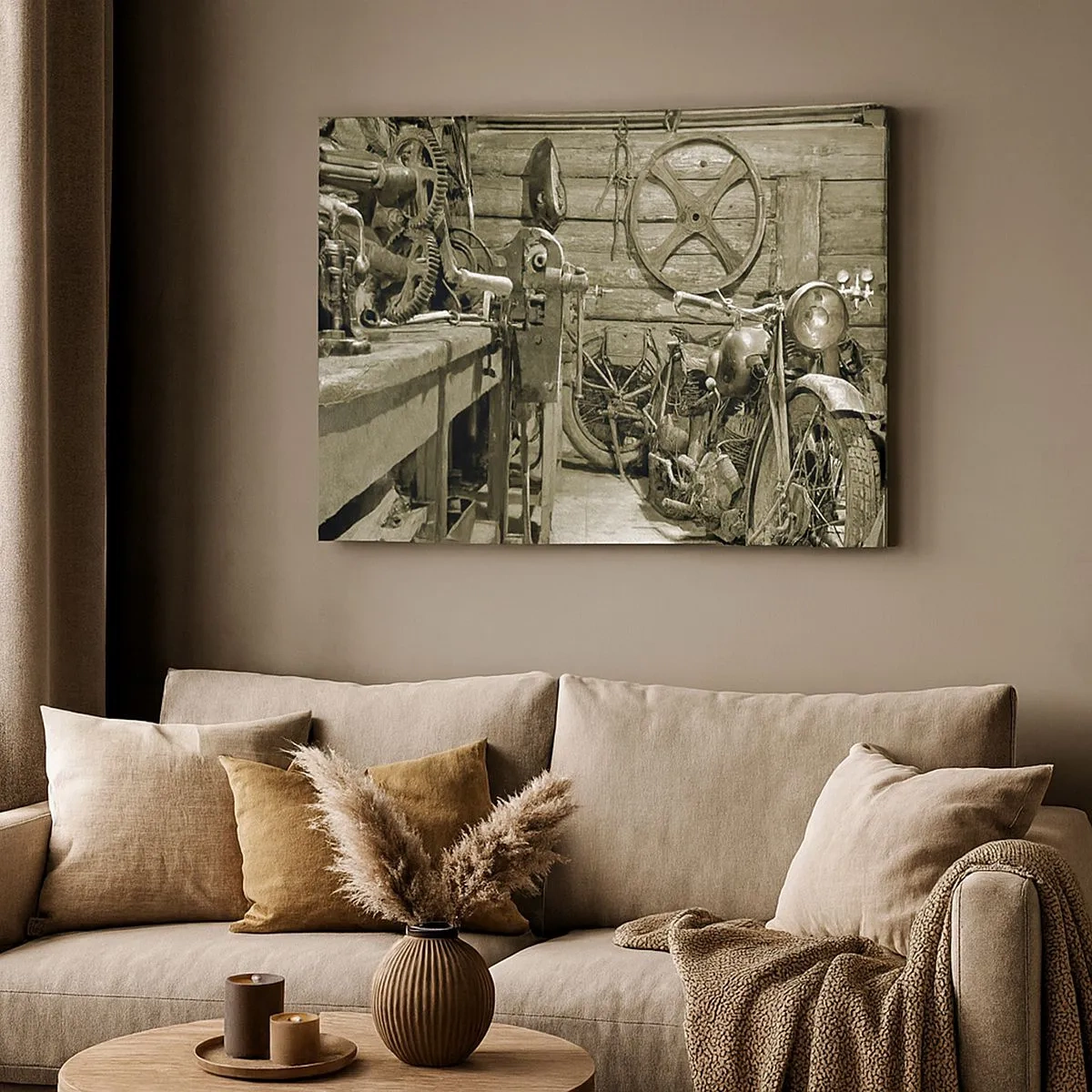 Obraz na plátne - Retro dielňa s motocyklami a náradím - 70x50cm - V kôlni strýka Mariána - Moderná nástenná dekorácia do obývacej izby a spálne ARTTOR