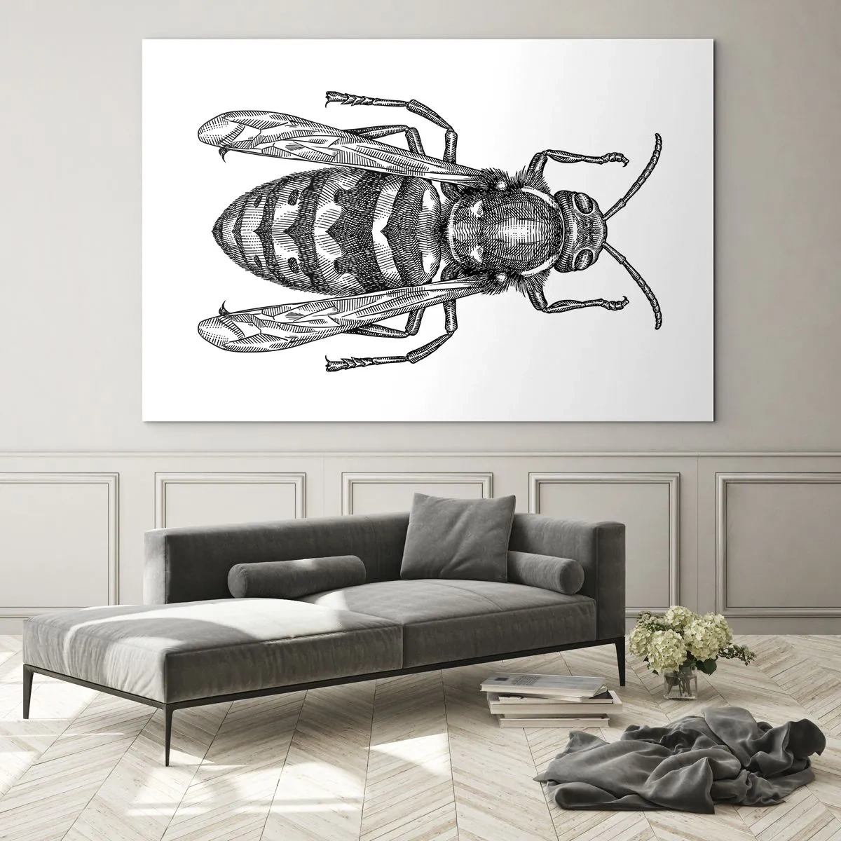 Obraz na skle - Čiernobiela retro ilustrácia osy na bielom pozadí - 70x50cm - Z hmyzej planéty - Moderná nástenná dekorácia do obývacej izby a spálne ARTTOR
