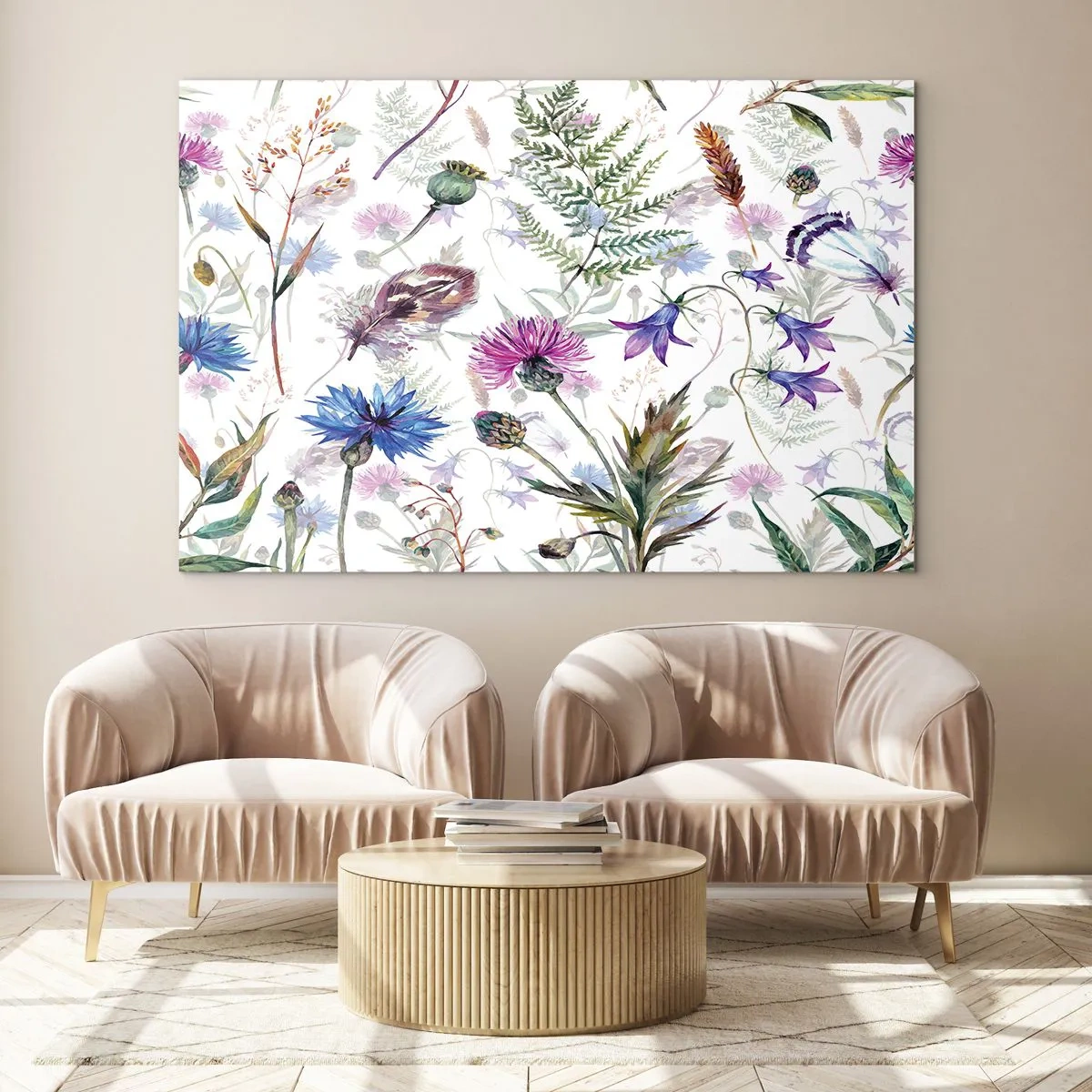 Obraz na skle - Kresby divých kvetov a listov na svetlom pozadí - 70x50cm - Poľský herbár - Moderná nástenná dekorácia do obývacej izby a spálne ARTTOR