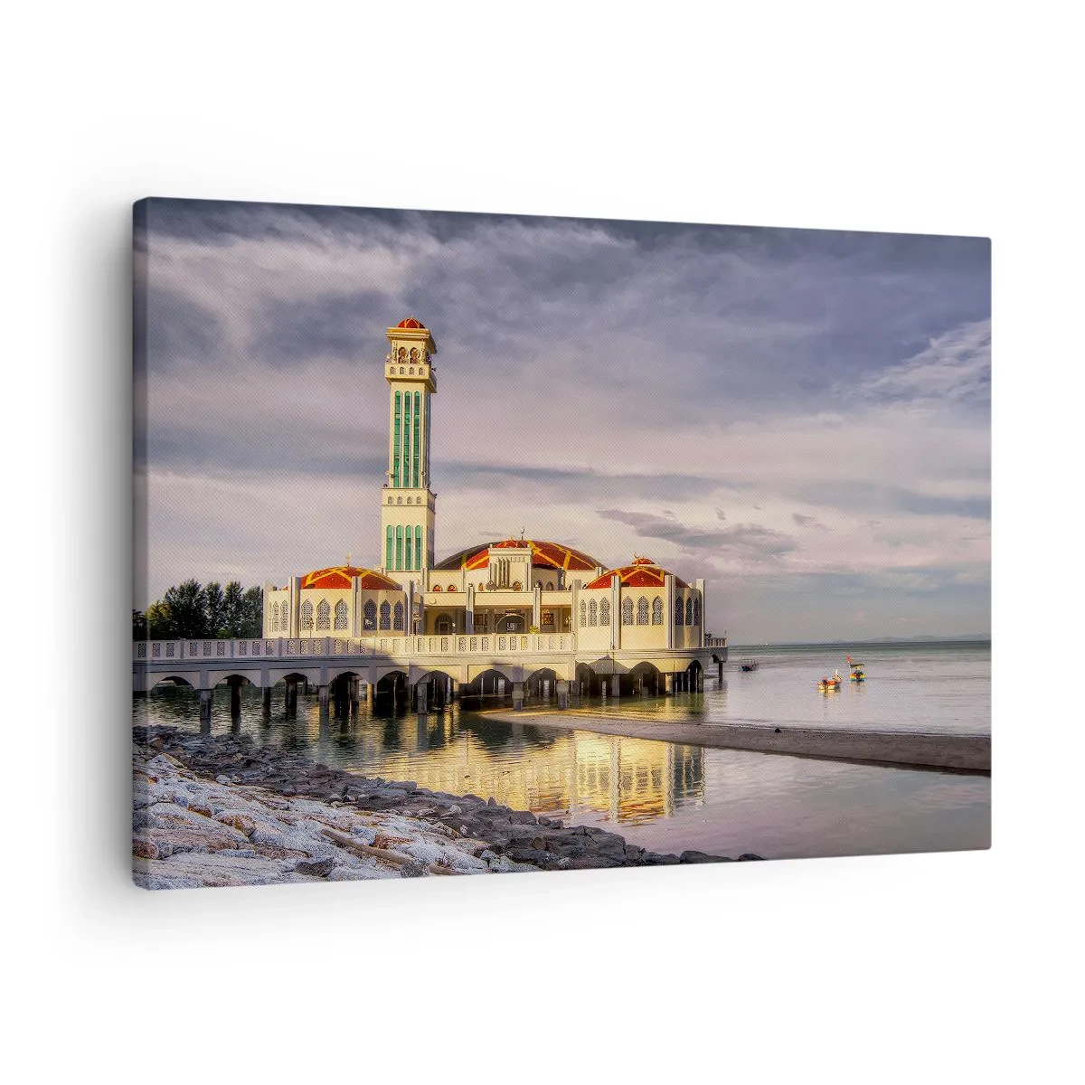 Obraz na plátne - Pôsobivá budova s minaretom na vode obklopená pokojnou krajinou - 70x50cm - Svätyňa prírody - Moderná nástenná dekorácia do obývacej izby a spálne ARTTOR