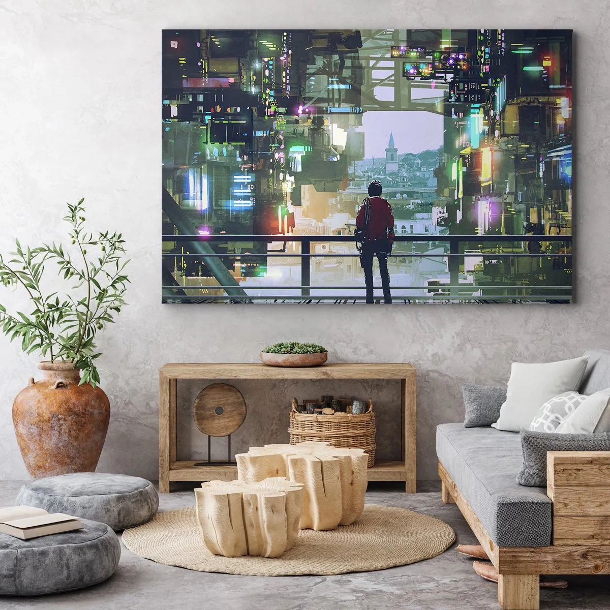 Obraz na plátne - Postava vo futuristickom meste s neónovými svetlami - 70x50cm - Dva svety - Moderná nástenná dekorácia do obývacej izby a spálne ARTTOR