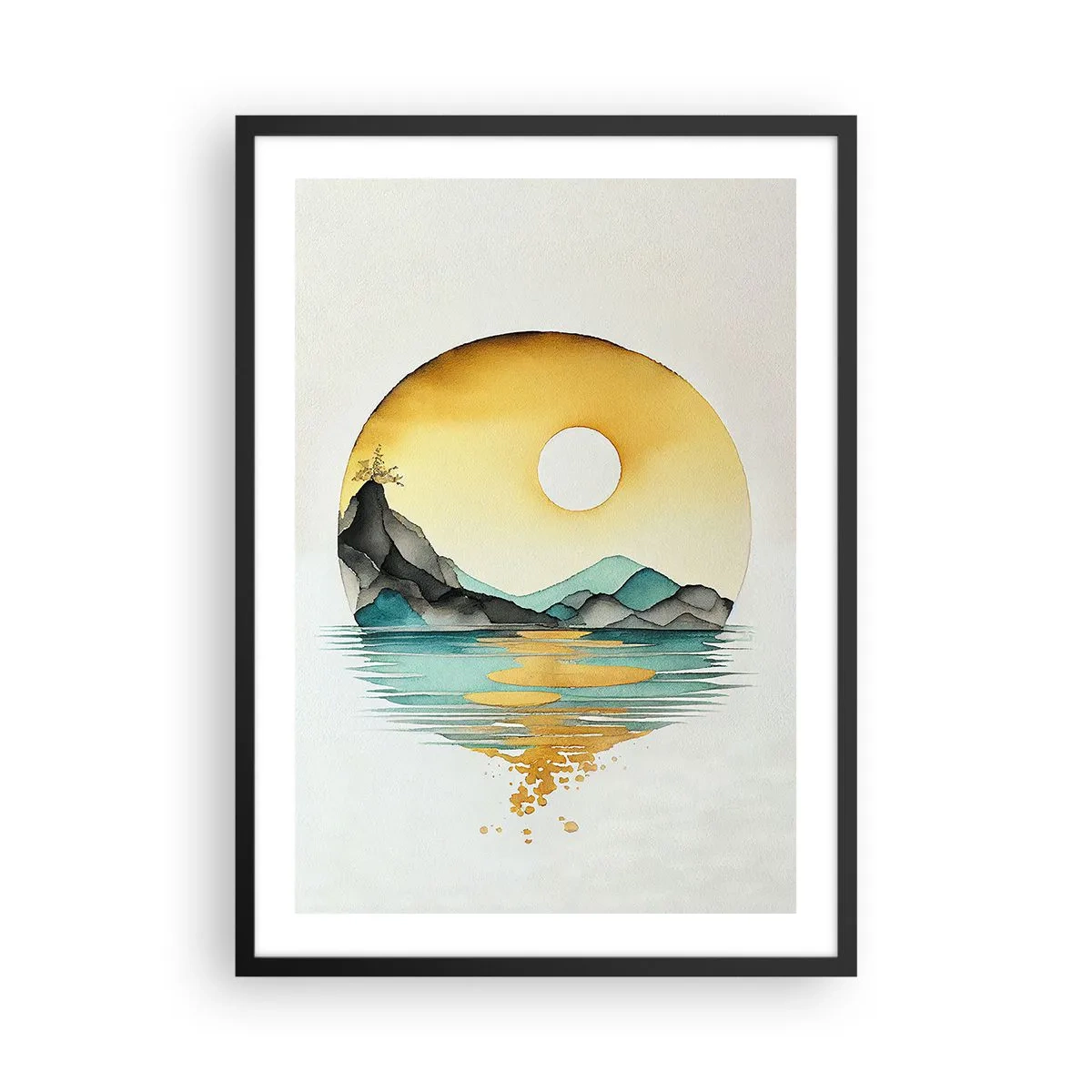 Plagát v čiernom ráme - Minimalistická krajina hôr nad vodou v zlatých farbách - 50x70cm - V kruhu krásy - Moderná nástenná dekorácia do obývacej izby a spálne ARTTOR