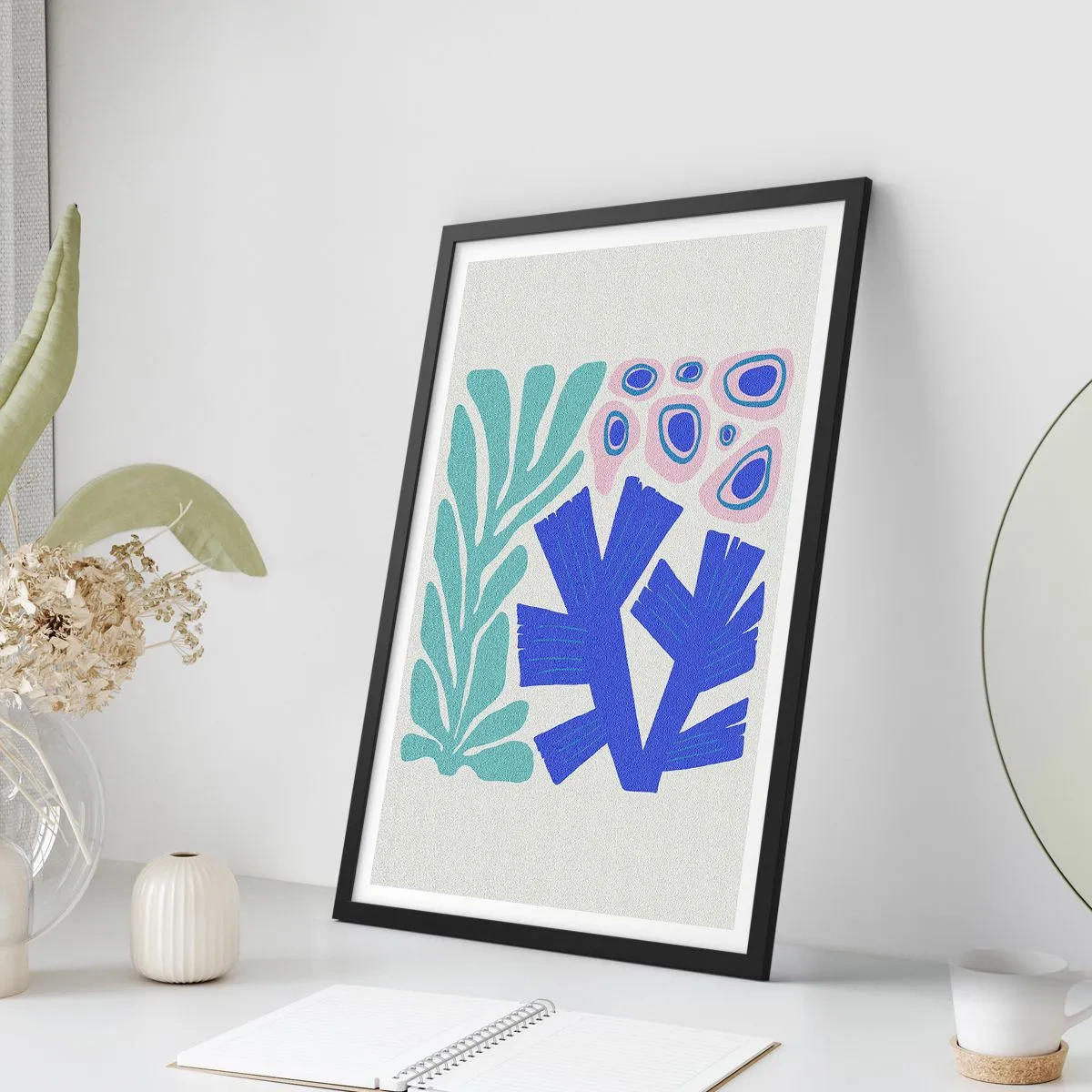 Plagát v čiernom ráme - Štylizovaná grafika podvodných rastlín a koralov - 50x70cm - Podvodná záhrada - Moderná nástenná dekorácia do obývacej izby a spálne ARTTOR