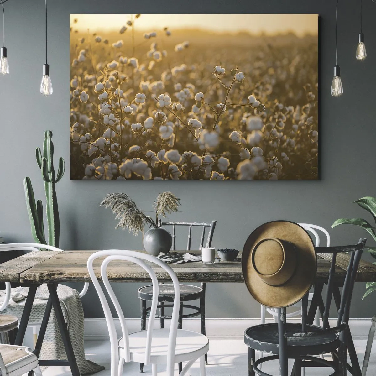 Obraz na plátne - Bavlníkové pole v teplom svetle zapadajúceho slnka - 70x50cm - Chlpaté pole - Moderná nástenná dekorácia do obývacej izby a spálne ARTTOR
