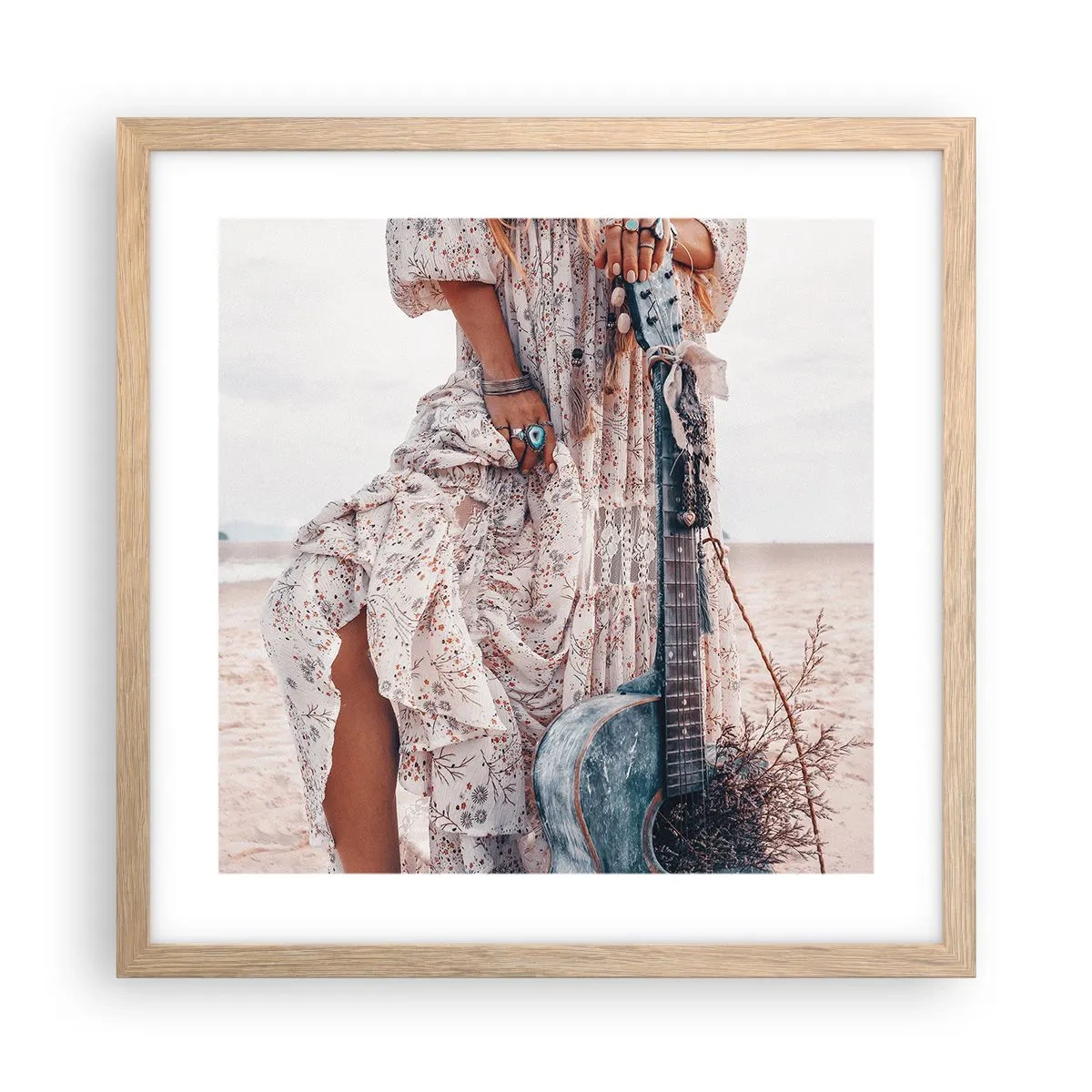 Plagát v ráme zo svetlého duba - Kvetinové deti na ceste - 40x40 cm