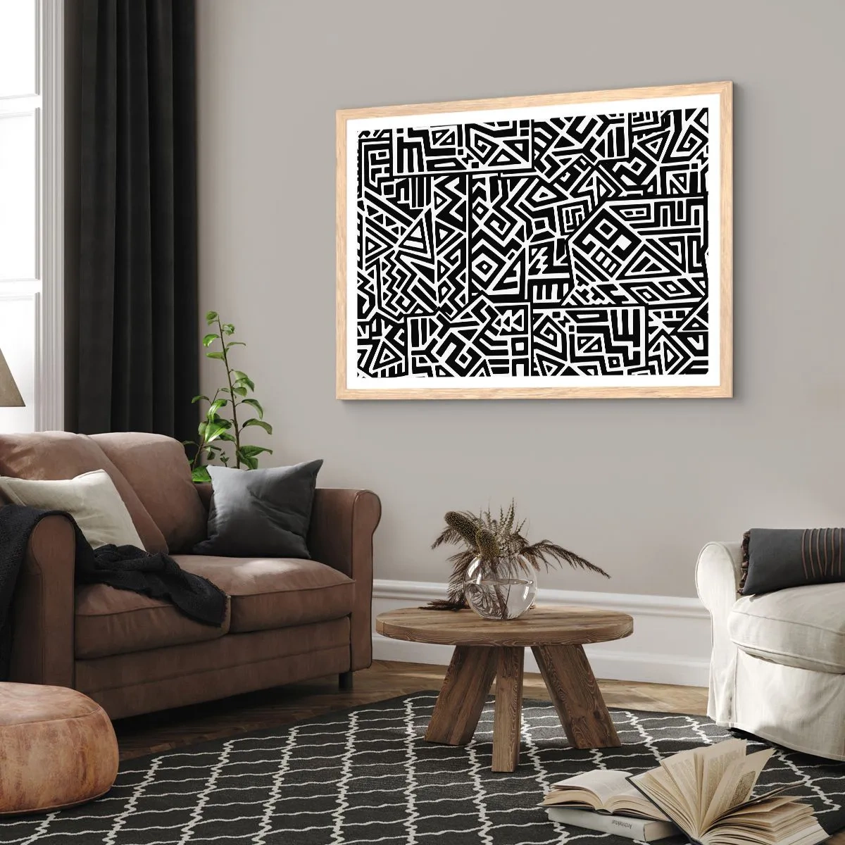 Plagát v ráme zo svetlého duba - Predkolumbovská kompozícia - 100x70 cm