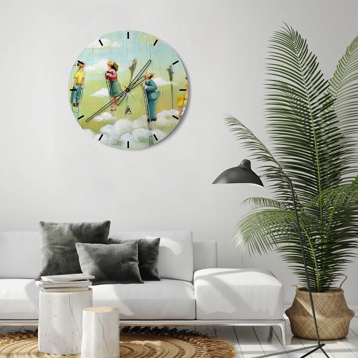 Nástenné hodiny - Ľudia lezúci po rebríkoch v oblakoch na farebnom pozadí - 30x30cm - Za svojim snom - Moderná nástenná dekorácia do obývacej izby, kuchyne a spálne ARTTOR