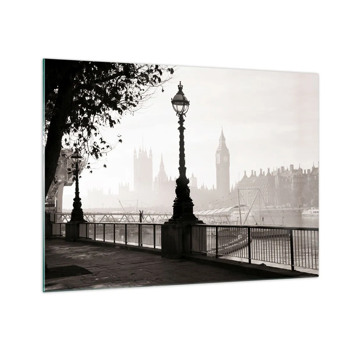 Obraz na skle - Čiernobiela fotografia londýnskej promenády s Big Benom - 70x50cm - Londýnske ráno - Moderná nástenná dekorácia do obývacej izby a spálne ARTTOR