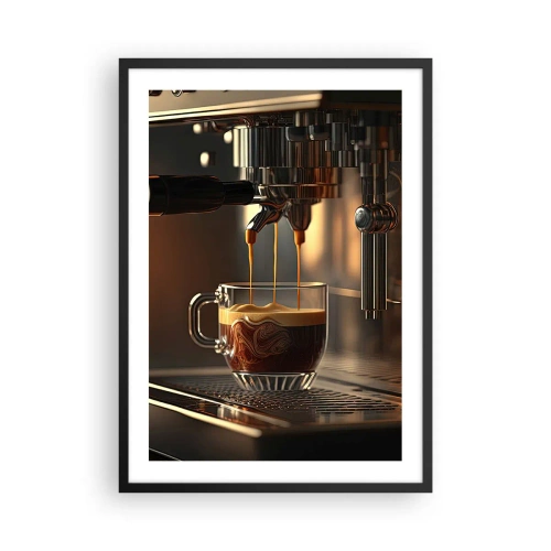 Plagát v čiernom ráme - Kávovar nalievajúci espresso do šálky - 50x70cm - Zmyselná zmes - Moderná nástenná dekorácia do obývacej izby a spálne ARTTOR