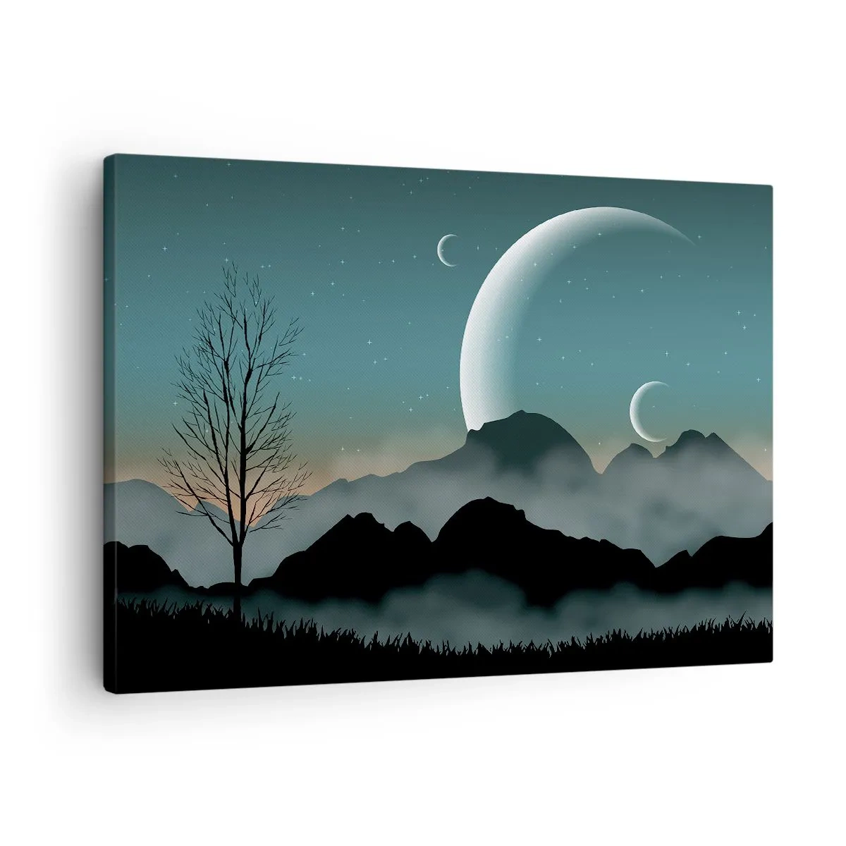 Obraz na plátne - Hmlisté hory s mesiacom a osamelým stromom - 70x50cm - Karneval hviezdnej noci - Moderná nástenná dekorácia do obývacej izby a spálne ARTTOR