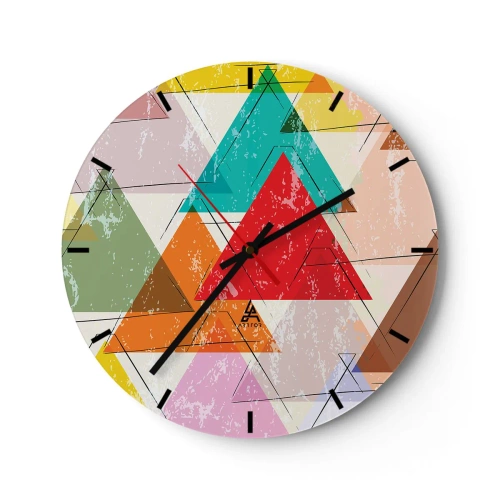 Nástenné hodiny - Farebné trojuholníky v geometrickom štýle so starnúcim efektom - 30x30cm - Blábolenie - Moderná nástenná dekorácia do obývacej izby, kuchyne a spálne ARTTOR