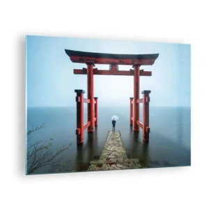 Obraz na skle - Červená torii nad pokojnou vodou v hmlistom prostredí - 70x50cm - Japonské zamyslenie - Moderná nástenná dekorácia do obývacej izby a spálne ARTTOR