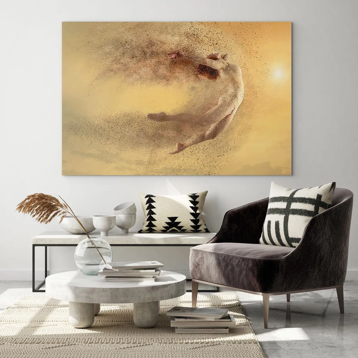Obraz na skle - Tanečník v dynamickej kompozícii na zlatom pozadí - 70x50cm - V tanečnom vytržení - Moderná nástenná dekorácia do obývacej izby a spálne ARTTOR
