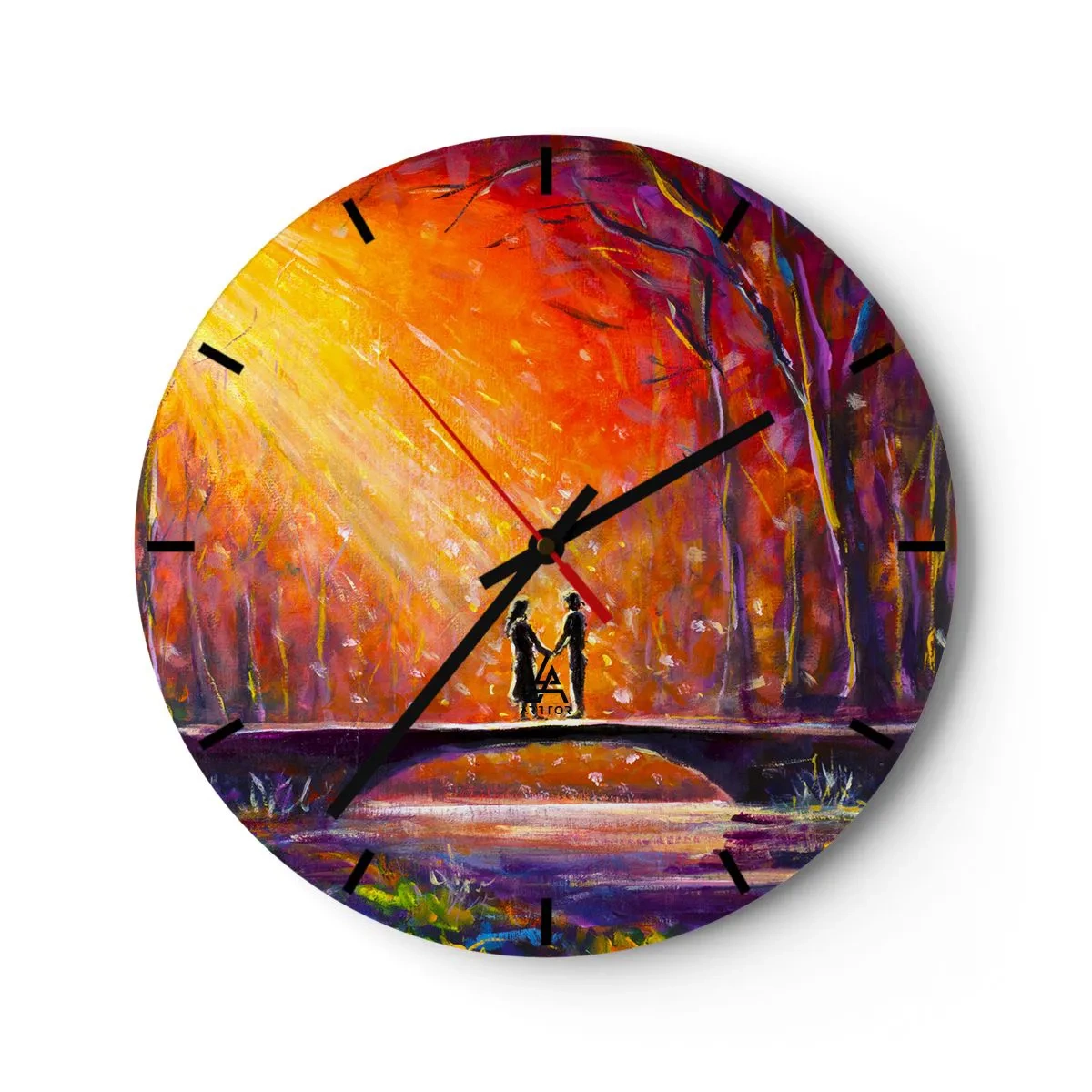 Nástenné hodiny - Farebný západ slnka nad mostom v lese - 30x30cm - Nebo ich tiež miluje - Moderná nástenná dekorácia do obývacej izby, kuchyne a spálne ARTTOR