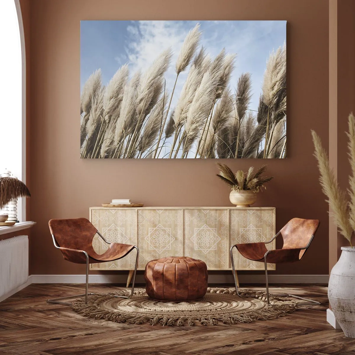 Obraz na plátne - Jemné pampové trávy proti modrej oblohe s ľahkými oblakmi - 70x50cm - Slnečné a veterné pohladenie - Moderná nástenná dekorácia do obývacej izby a spálne ARTTOR