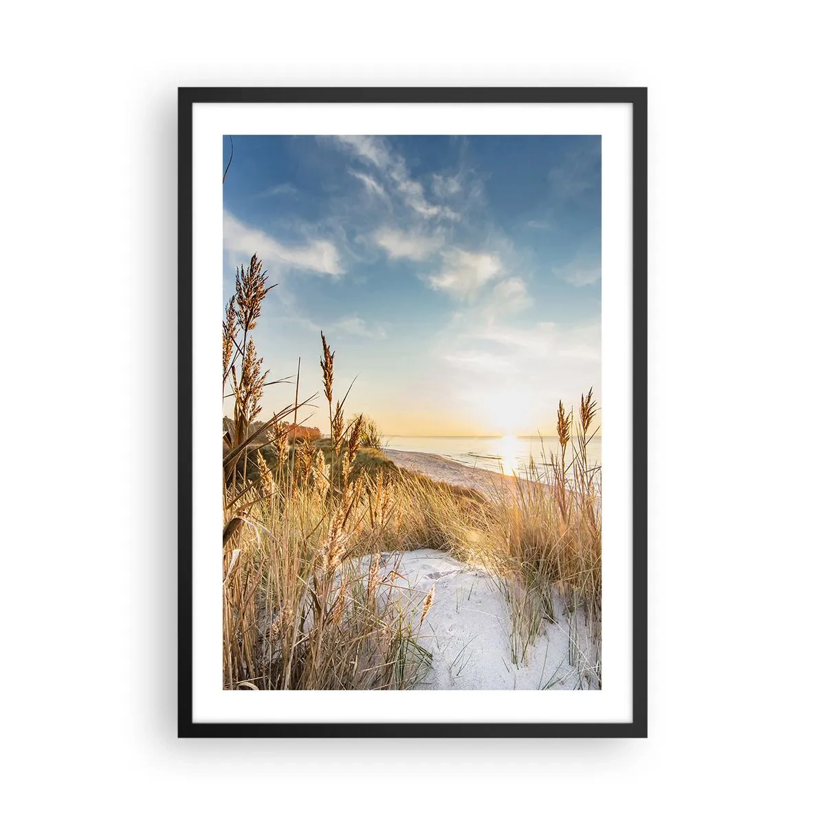 Plagát v čiernom ráme - Krajina slnečnej pláže s trávami na dunách - 50x70cm - Severná pláž - Moderná nástenná dekorácia do obývacej izby a spálne ARTTOR
