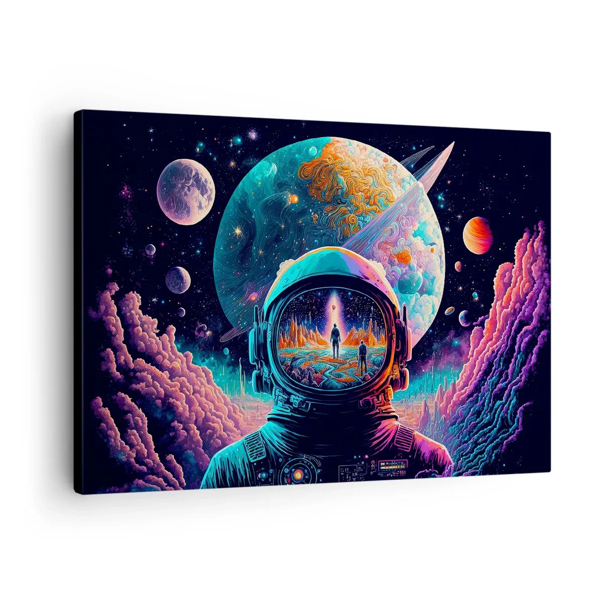Obraz na plátne - Astronaut vo vesmíre s farebnou planetárnou krajinou - 70x50cm - Filozofom sa to ani nesnívalo - Moderná nástenná dekorácia do obývacej izby a spálne ARTTOR
