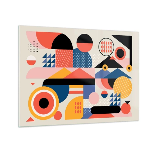 Obraz na skle - Farebná geometrická abstrakcia s kruhmi a trojuholníkmi - 70x50cm - Kompozícia: poďme sa hrať - Moderná nástenná dekorácia do obývacej izby a spálne ARTTOR
