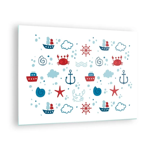 Obraz na skle - Námorné vzory s krabami, kotvami a loďami - 70x50cm - Morská rozprávka - Moderná nástenná dekorácia do obývacej izby a spálne ARTTOR