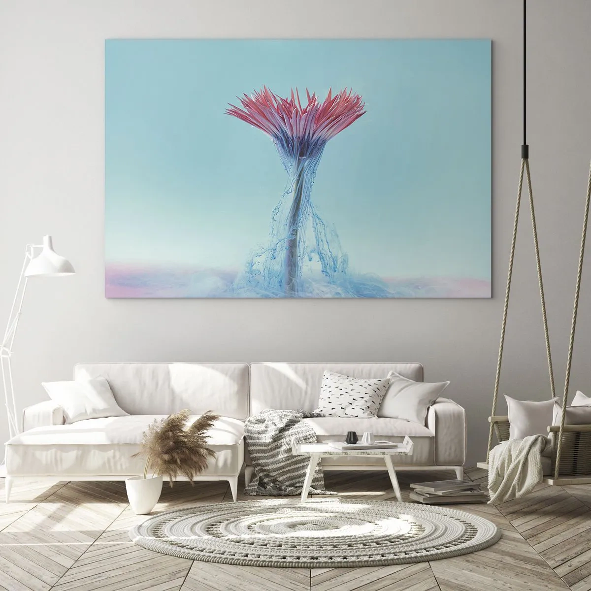 Obraz na skle - Rozkošný kvet ponorený do modrého a ružového opary - 70x50cm - V osviežujúcom objatí - Moderná nástenná dekorácia do obývacej izby a spálne ARTTOR