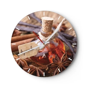 Nástenné hodiny - Fľaštička s korením obklopená anízom a vanilkou - 30x30cm - K jednote tela a ducha - Moderná nástenná dekorácia do obývacej izby, kuchyne a spálne ARTTOR