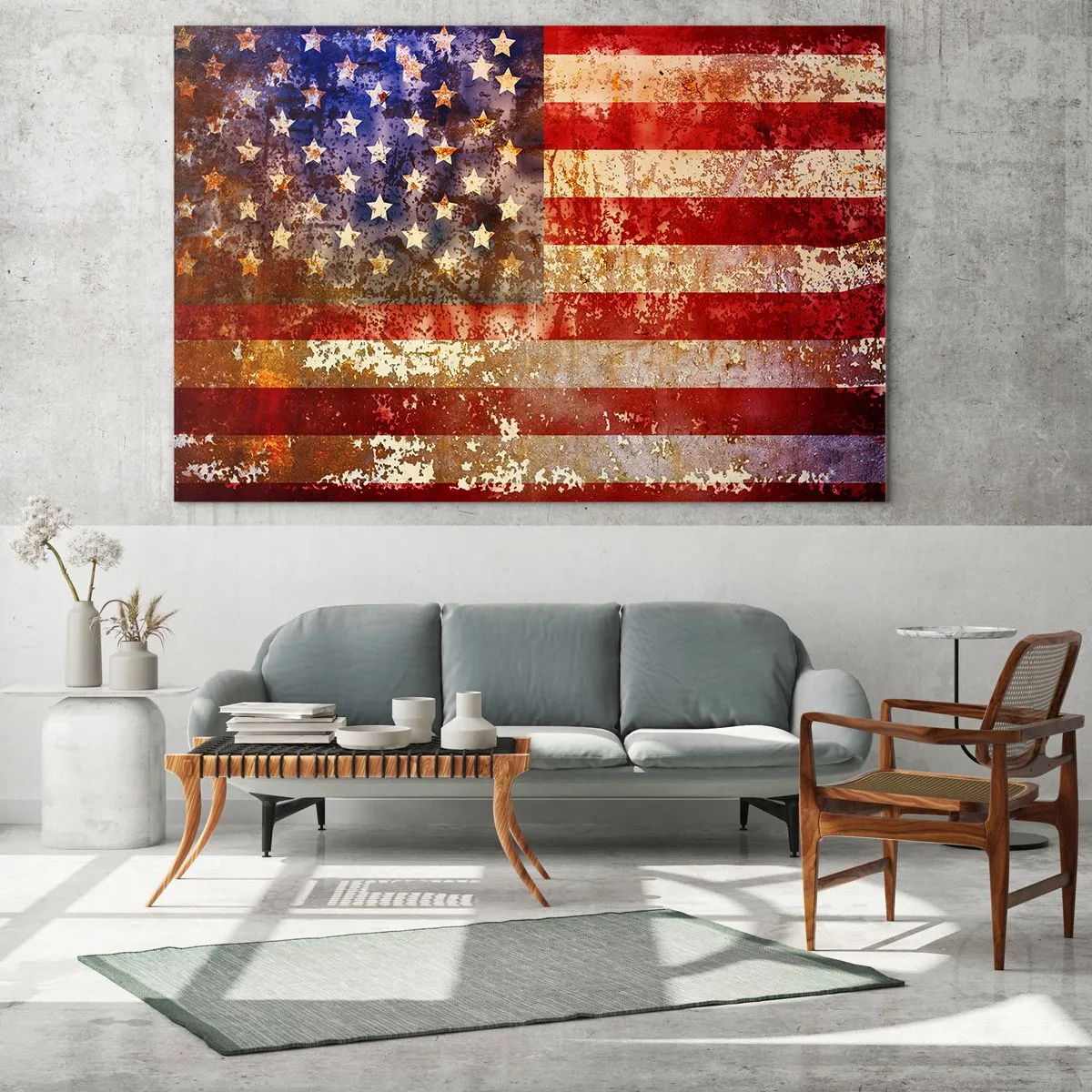 Obraz na skle - Hrdzavá americká vlajka - 70x50cm - Chvála nekončí - Moderná nástenná dekorácia do obývacej izby a spálne ARTTOR