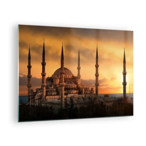 Obraz na skle - Modrá mešita na pozadí západu slnka - 70x50cm - Boh je veľký - Moderná nástenná dekorácia do obývacej izby a spálne ARTTOR