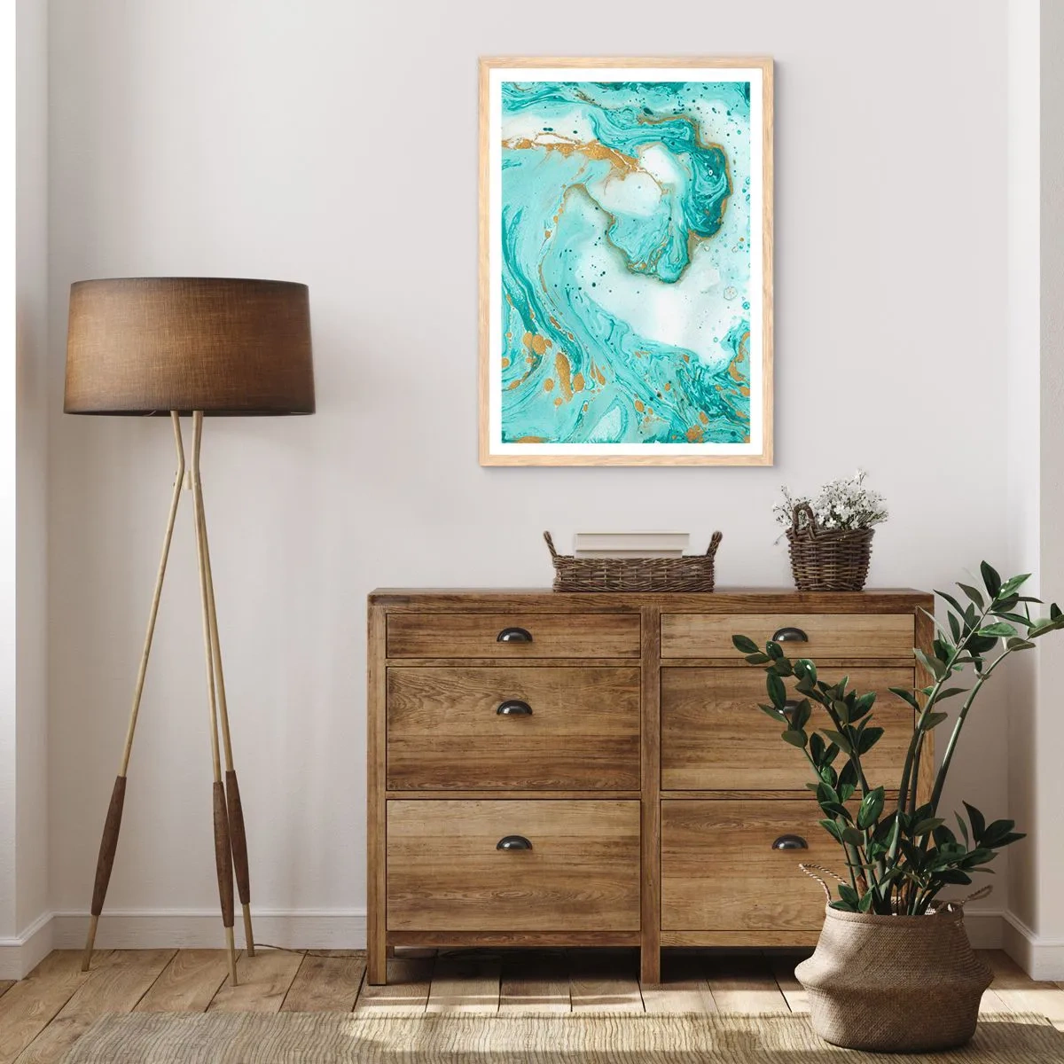 Plagát v ráme zo svetlého duba - Pod veľkou vlnou z epochy Edo - 70x100 cm