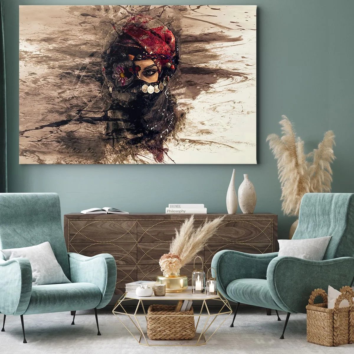 Obraz na plátne - Umelecký portrét ženy v orientálnom oblečení na abstraktnom pozadí. - 70x50cm - Prinajmenšom znepokojujúca - Moderná nástenná dekorácia do obývacej izby a spálne ARTTOR