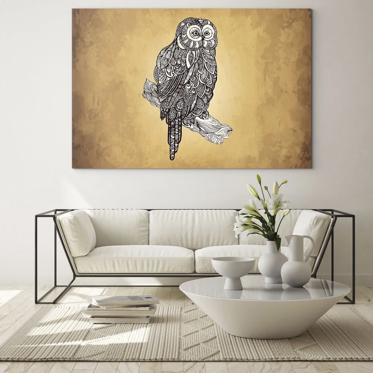 Obraz na skle - Ornamentálny štýl sov na sépiovom pozadí - 70x50cm - Majstrovské ornamenty múdrosti - Moderná nástenná dekorácia do obývacej izby a spálne ARTTOR
