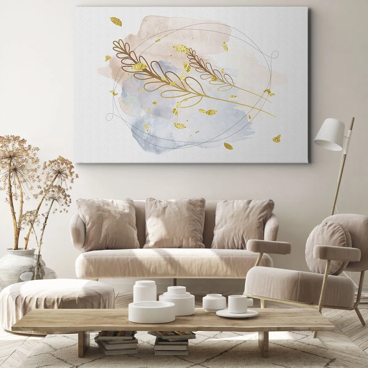 Obraz na plátne - Jemný motív zlatých listov na pastelovom pozadí s detailmi akvarelu. - 70x50cm - Zlatý závan - Moderná nástenná dekorácia do obývacej izby a spálne ARTTOR