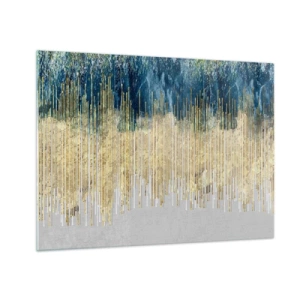 Obraz na skle - Zlaté zvislé čiary na tmavomodrom lesnom pozadí - 70x50cm - Pozlátená hranica - Moderná nástenná dekorácia do obývacej izby a spálne ARTTOR