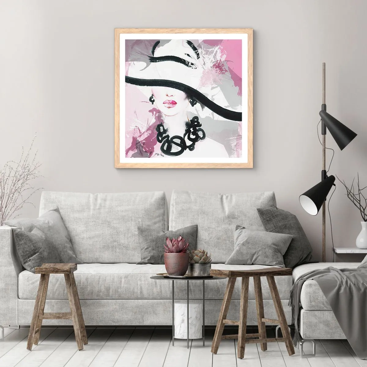 Plagát v ráme zo svetlého duba - Portrét dámy v čiernej a ružovej - 50x50 cm