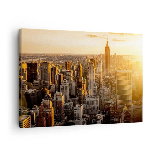Obraz na plátne - Panoráma New Yorku pri západe slnka s výhľadom na Empire State Building - 70x50cm - Rast na slnku - Moderná nástenná dekorácia do obývacej izby a spálne ARTTOR