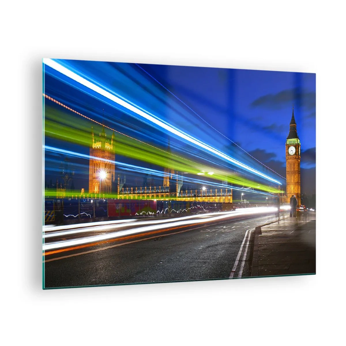 Obraz na skle - Big Ben v noci s rozmazanými svetlami auta - 70x50cm - Pod dohľadom Big Bena - Moderná nástenná dekorácia do obývacej izby a spálne ARTTOR