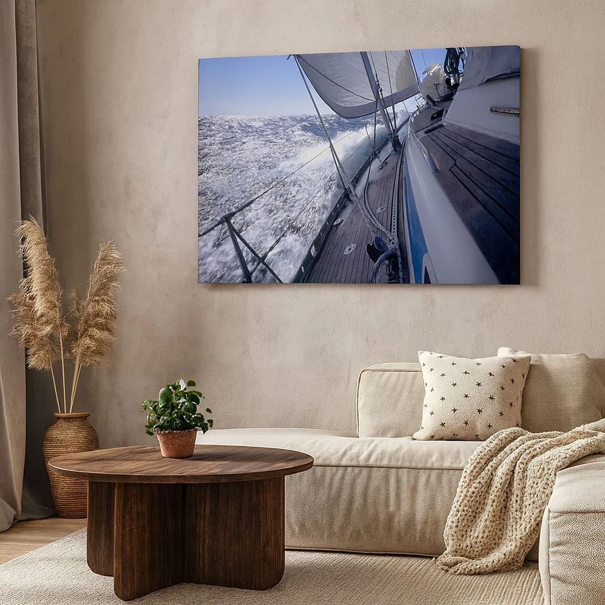 Obraz na plátne - Plachetnica v rozbúrenom mori s bielymi plachtami a drevenou palubou. - 70x50cm - Viem, čo je to byť vtákom - Moderná nástenná dekorácia do obývacej izby a spálne ARTTOR