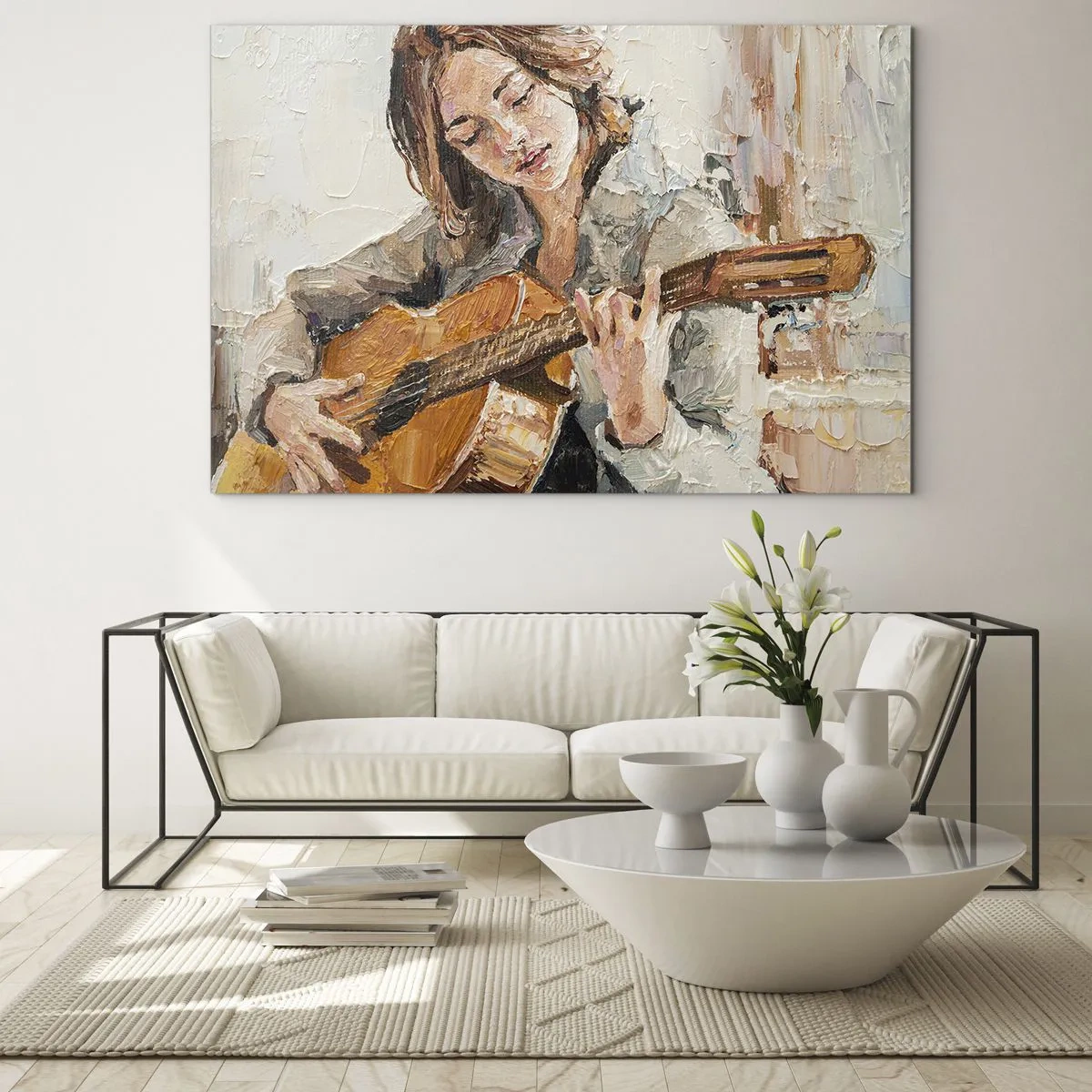 Obraz na skle - Dievča hrá na gitare v impresionistickom štýle - 70x50cm - Koncert pre gitaru a dievčenské srdce - Moderná nástenná dekorácia do obývacej izby a spálne ARTTOR