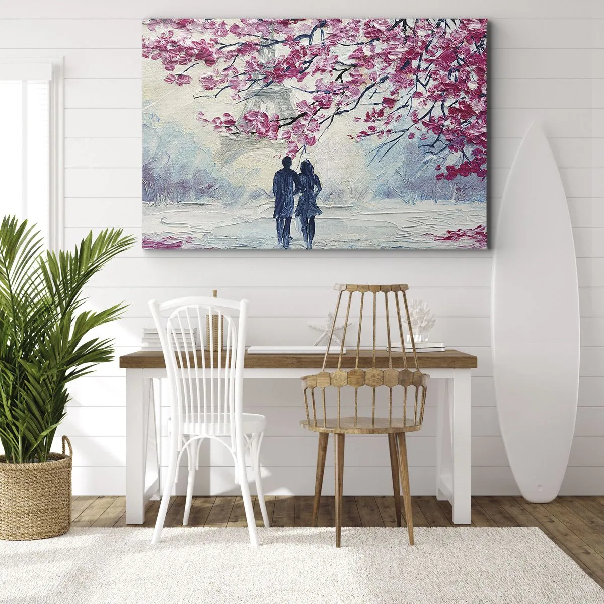 Obraz na plátne - Pár pod kvitnúcimi ružovými stromami v romantickom prostredí - 70x50cm - Romantická prechádzka - Moderná nástenná dekorácia do obývacej izby a spálne ARTTOR