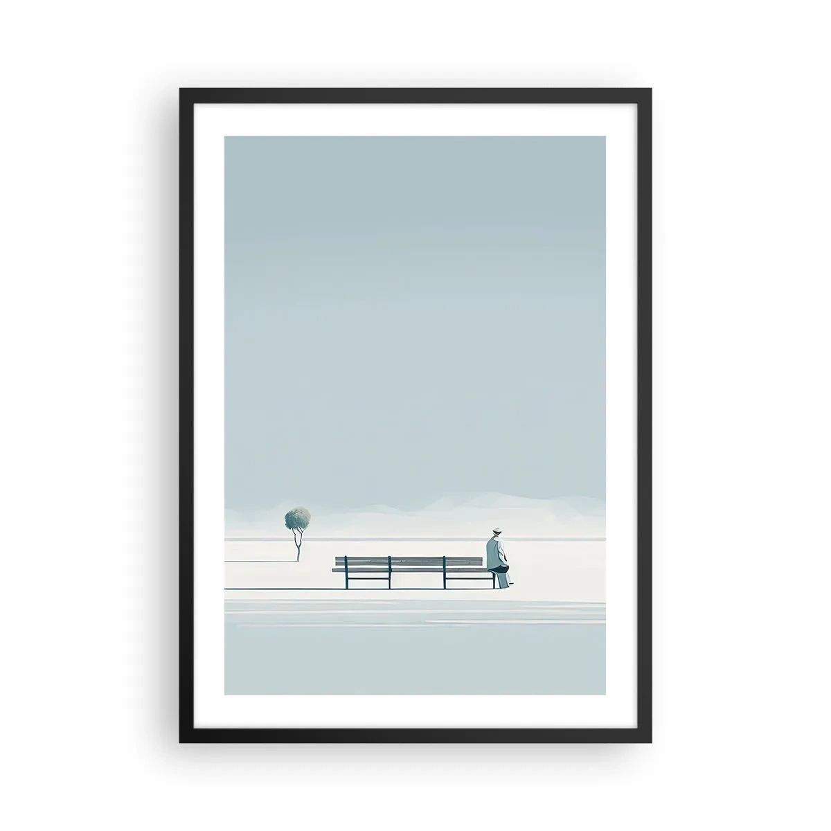 Plagát v čiernom ráme - Osoba sediaca na lavičke v minimalistickej, pokojnej krajine. - 50x70cm - Áno, čakám. - Moderná nástenná dekorácia do obývacej izby a spálne ARTTOR