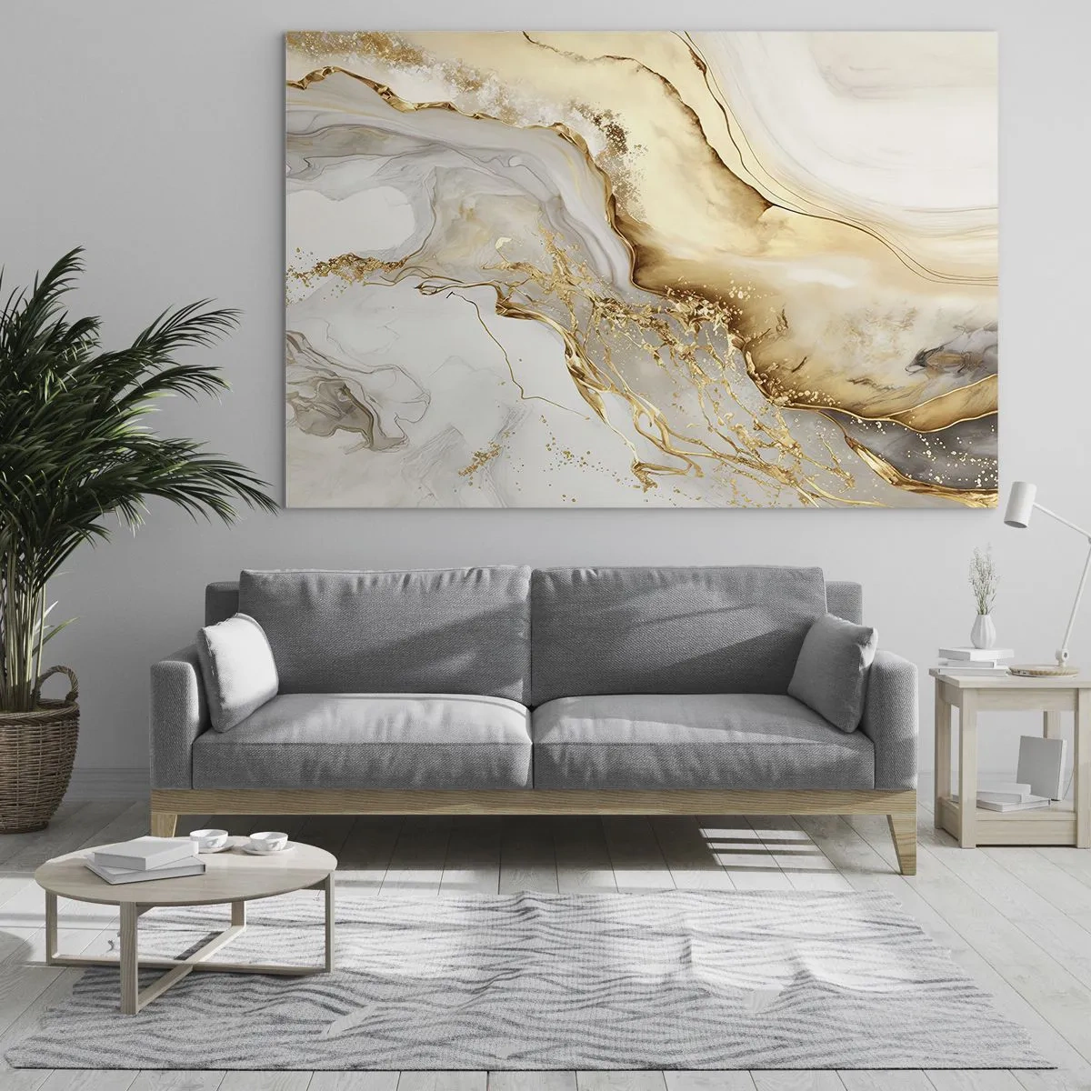 Obraz na skle - Zlaté a béžové abstraktné pruhy na svetlom pozadí - 70x50cm - Abstrakcia: krása a dobro - Moderná nástenná dekorácia do obývacej izby a spálne ARTTOR